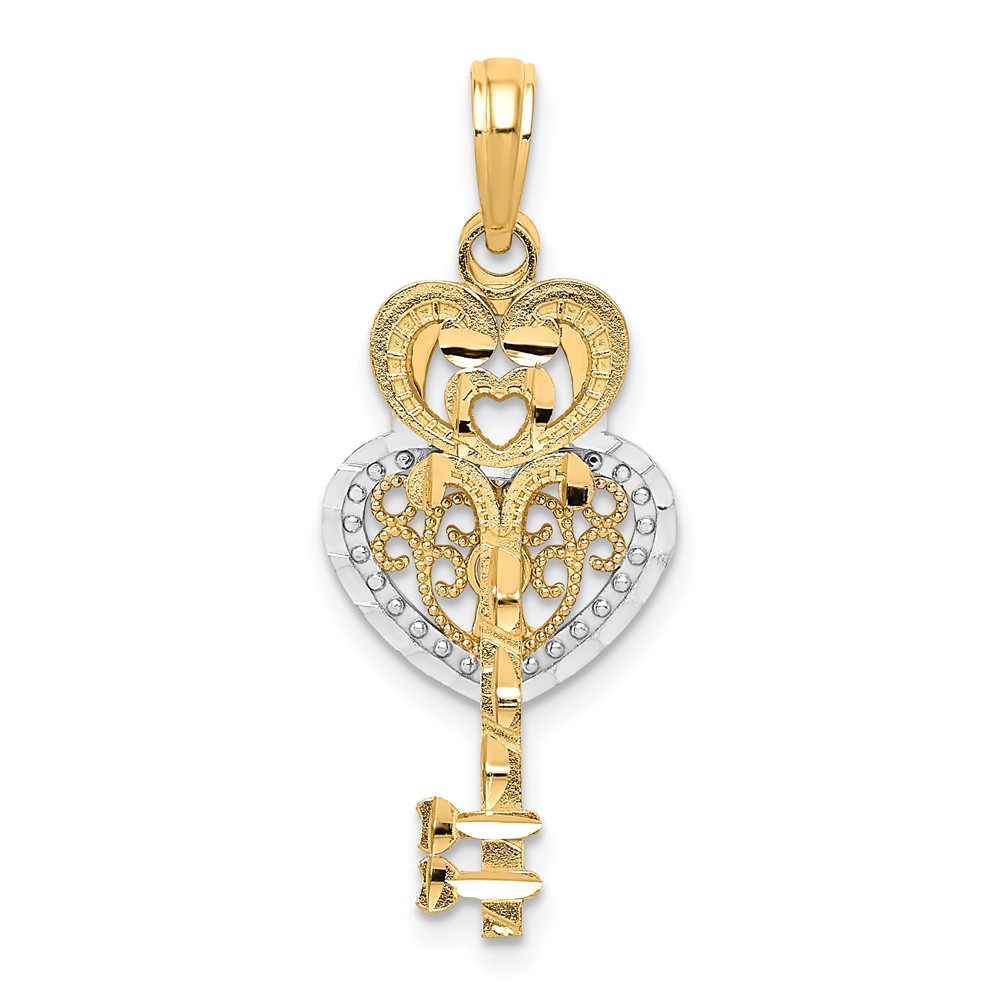 10k & w/Rhodium Filigree Heart Lock and Key Pendant (10K9632)