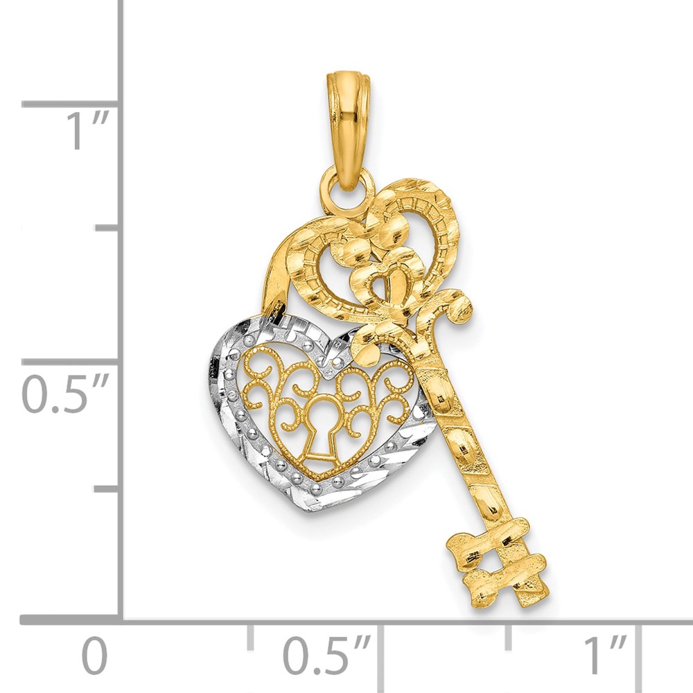 10k & w/Rhodium Filigree Heart Lock and Key Pendant (10K9632)