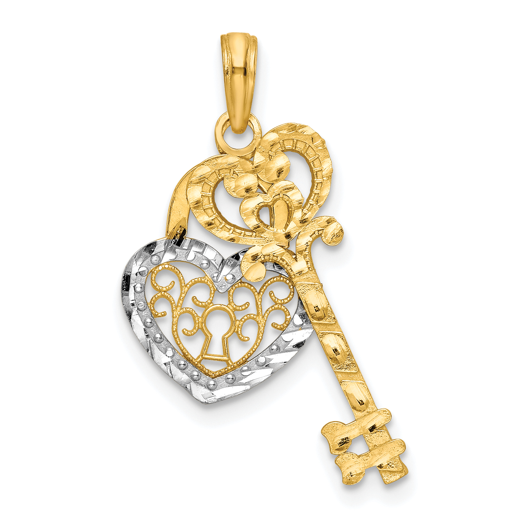 10k & w/Rhodium Filigree Heart Lock and Key Pendant (10K9632)