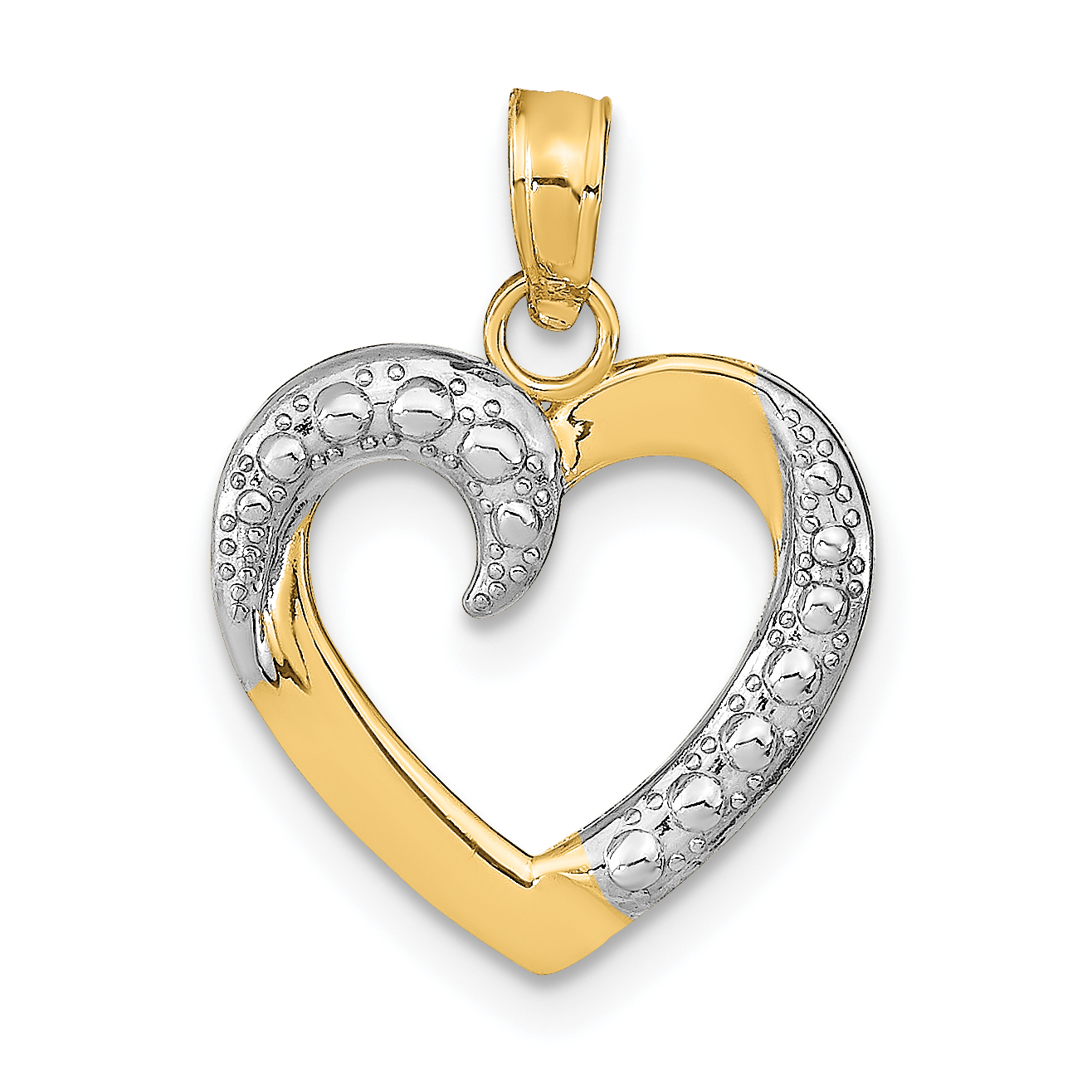 10K w/Rhodium Polished and Textured Heart Pendant (10K9678)