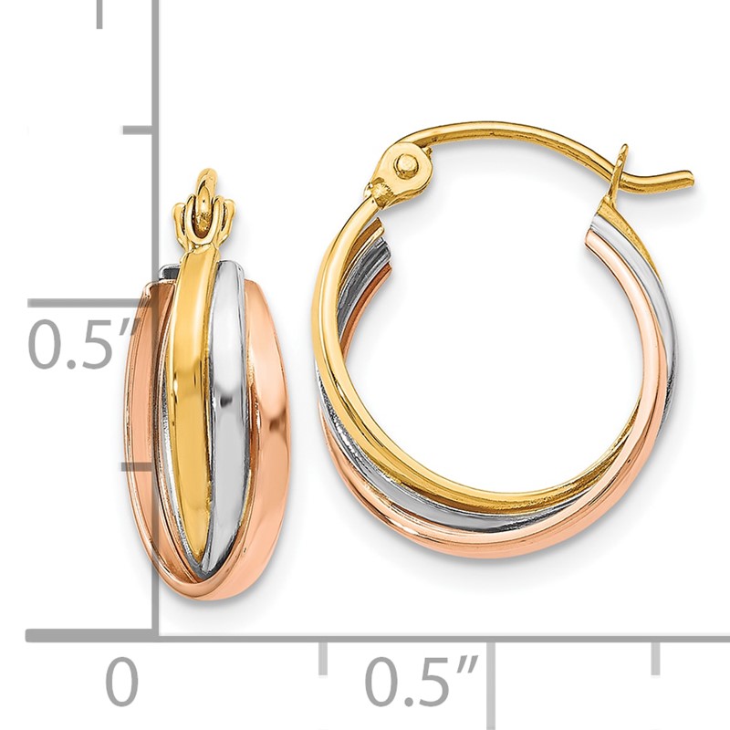 10K Tri-color Polished Hinged Hoop Earrings