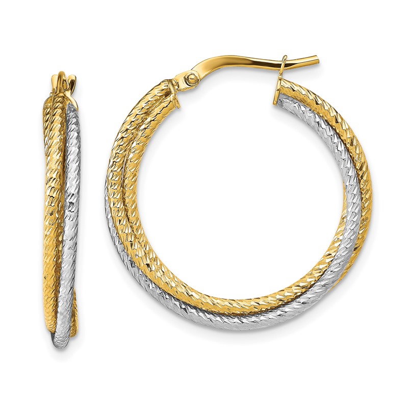 10K with Rhodium Polished D/C Hoop Earrings