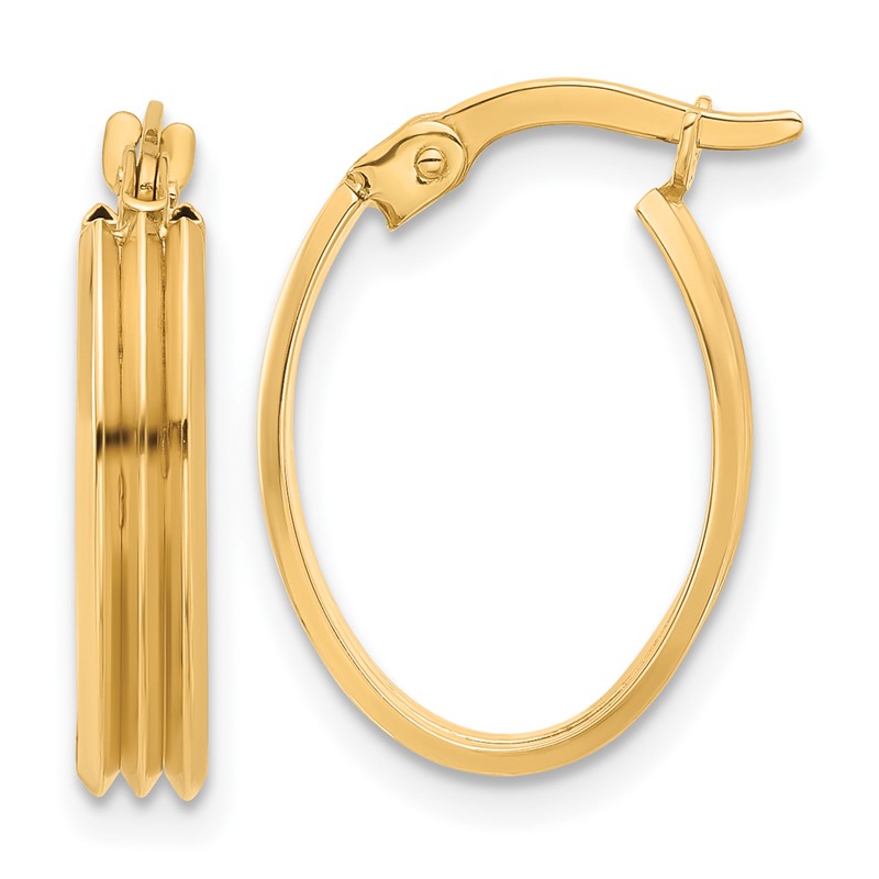 10K Polished and Grooved Oval Hoop Earrings