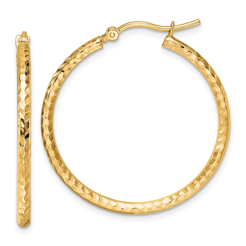 10k Diamond-cut 2mm Round Tube Hoop Earrings
