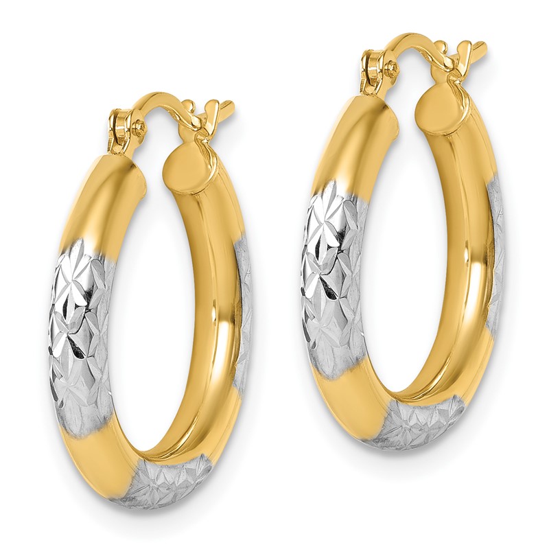 10K with Rhodium Diamond Cut 3mm Hoop Earrings