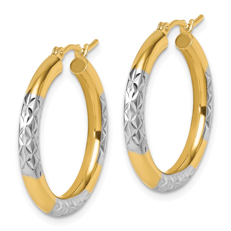 10K with Rhodium Diamond Cut 3mm Hoop Earrings