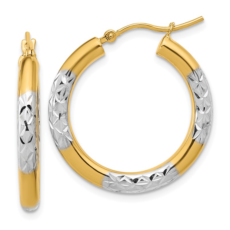 10K with Rhodium Diamond Cut 3mm Hoop Earrings