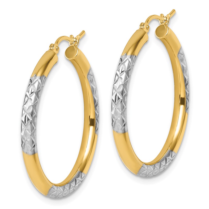 10K with Rhodium Diamond Cut 3mm Hoop Earrings