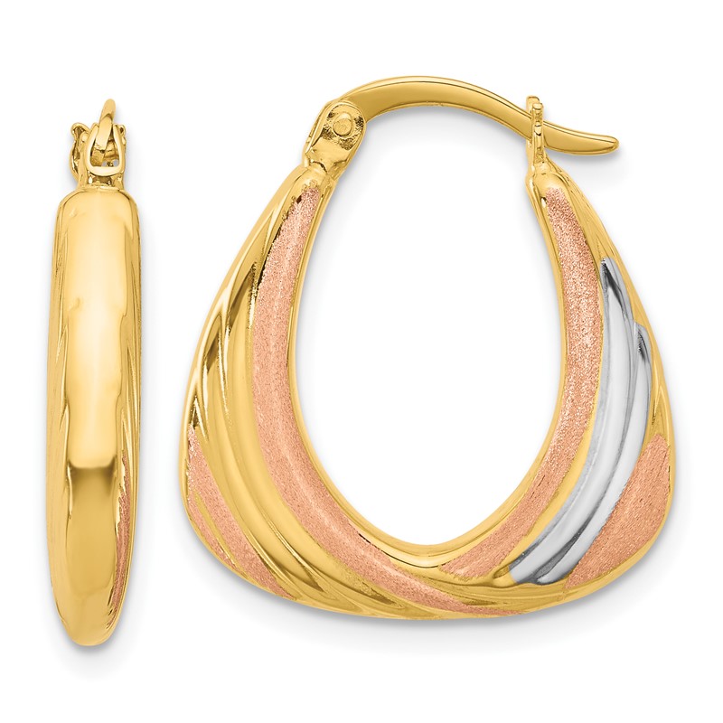 10K Two-tone w/White Rhodium Polished and Satin Hoop Earrings