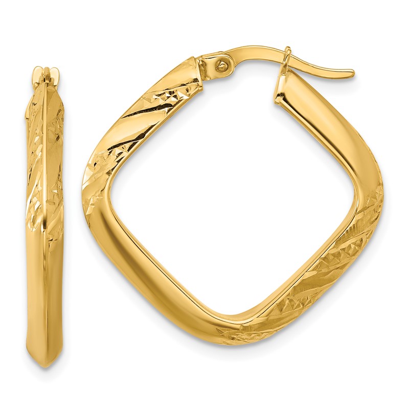 10K Polished and Diamond-cut Square Hoop Earrings