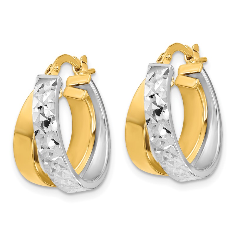10K W/White Rhodium Polished and Diamond-cut Hoop Earrings
