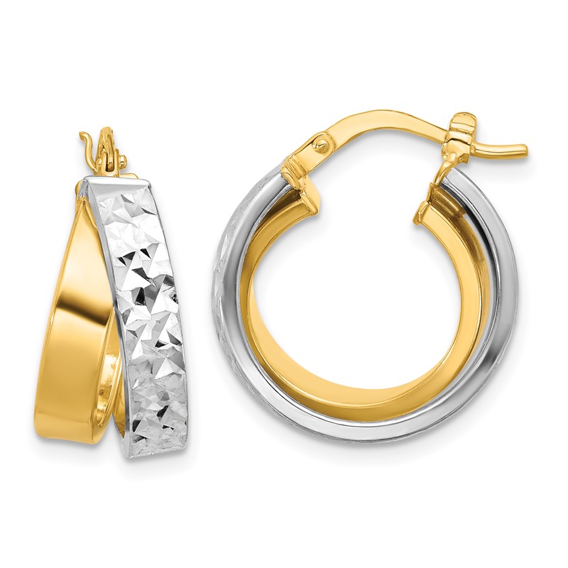 10K W/White Rhodium Polished and Diamond-cut Hoop Earrings