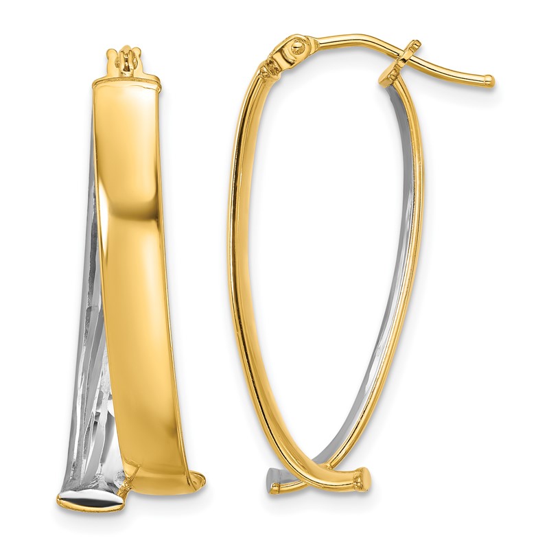 10K W/White Rhodium Polished and Textured Fancy Hoop Earrings