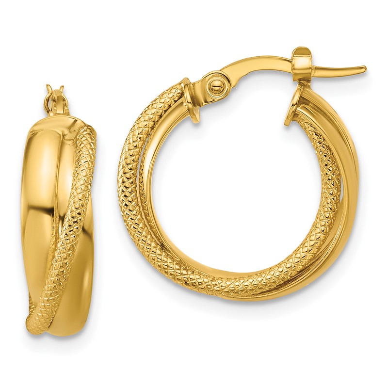 10K Polished and Textured Round Hoop Earrings