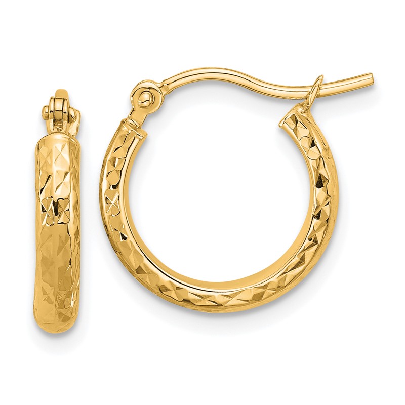 10k Diamond-cut 2.8x15mm Hollow Hoop Earrings