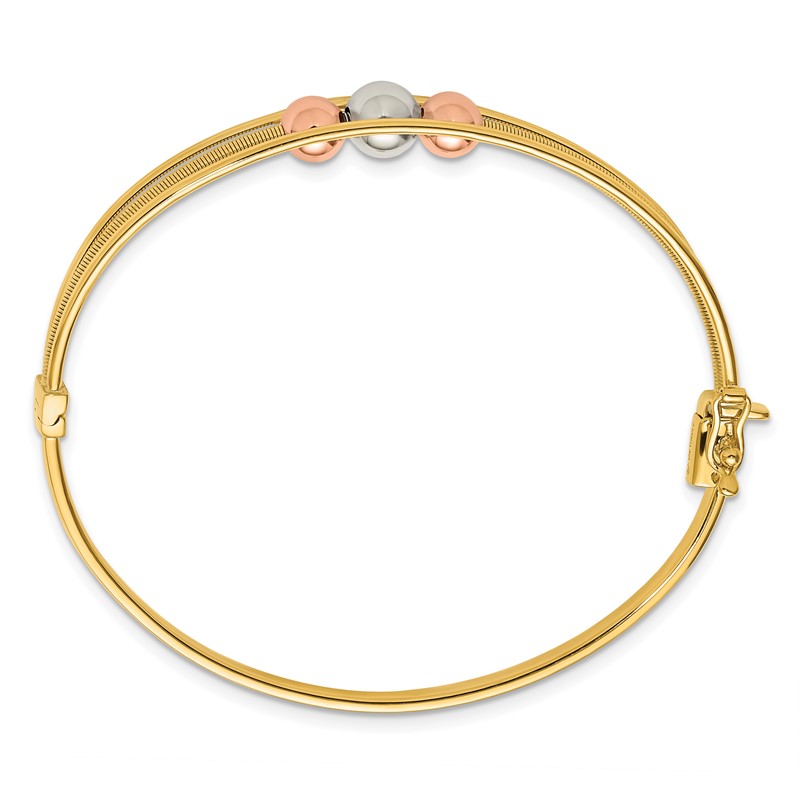 10K Tri-color Polished Beads Hinged Bangle
