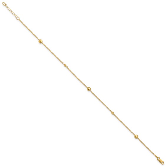 Leslie's 10K Polished and Diamond-cut Beads 10 inch Plus 1 inch Extender - Total 11 inch Anklet