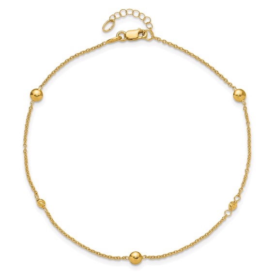 Leslie's 10K Polished and Diamond-cut Beads 10 inch Plus 1 inch Extender - Total 11 inch Anklet