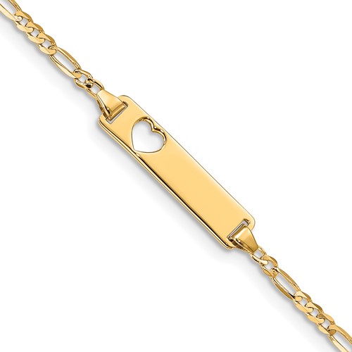 10K Yellow Gold Polished Solid Chain Solid Plate Figaro Link Cut-out Heart 20x 5mm Plate ID Bracelet, 7"