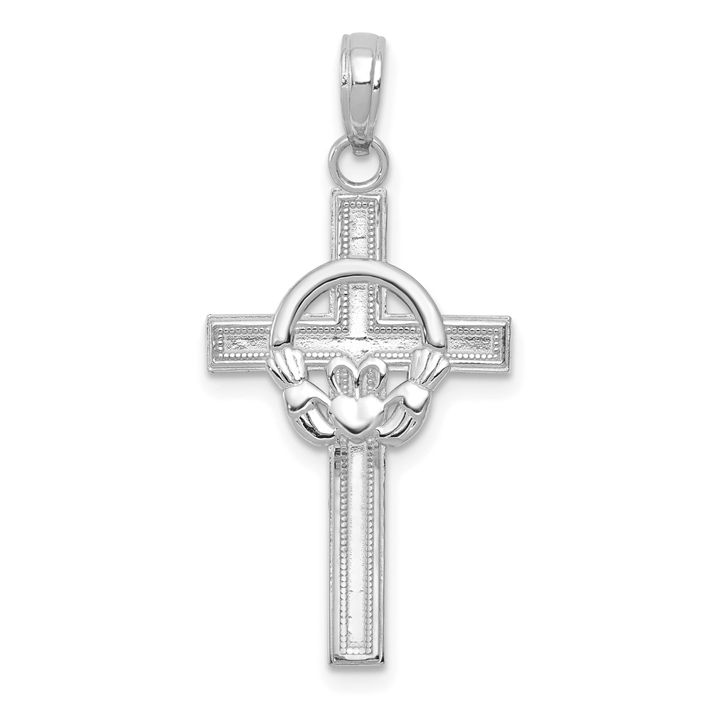 10K White Gold Polished Claddagh Cross Pendant (10M1338W)