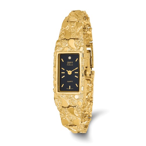 10K Yellow Gold 15x31mm Black Dial Rectangular Face Nugget Watch - 7in
