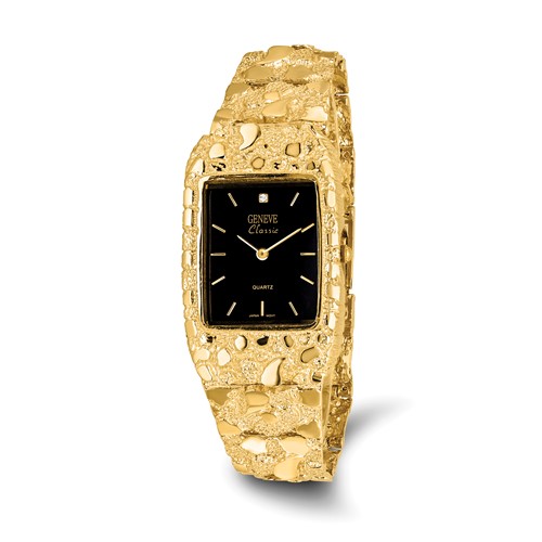 10K Yellow Gold 27x47mm Black Dial Square Face Nugget Watch - 8in