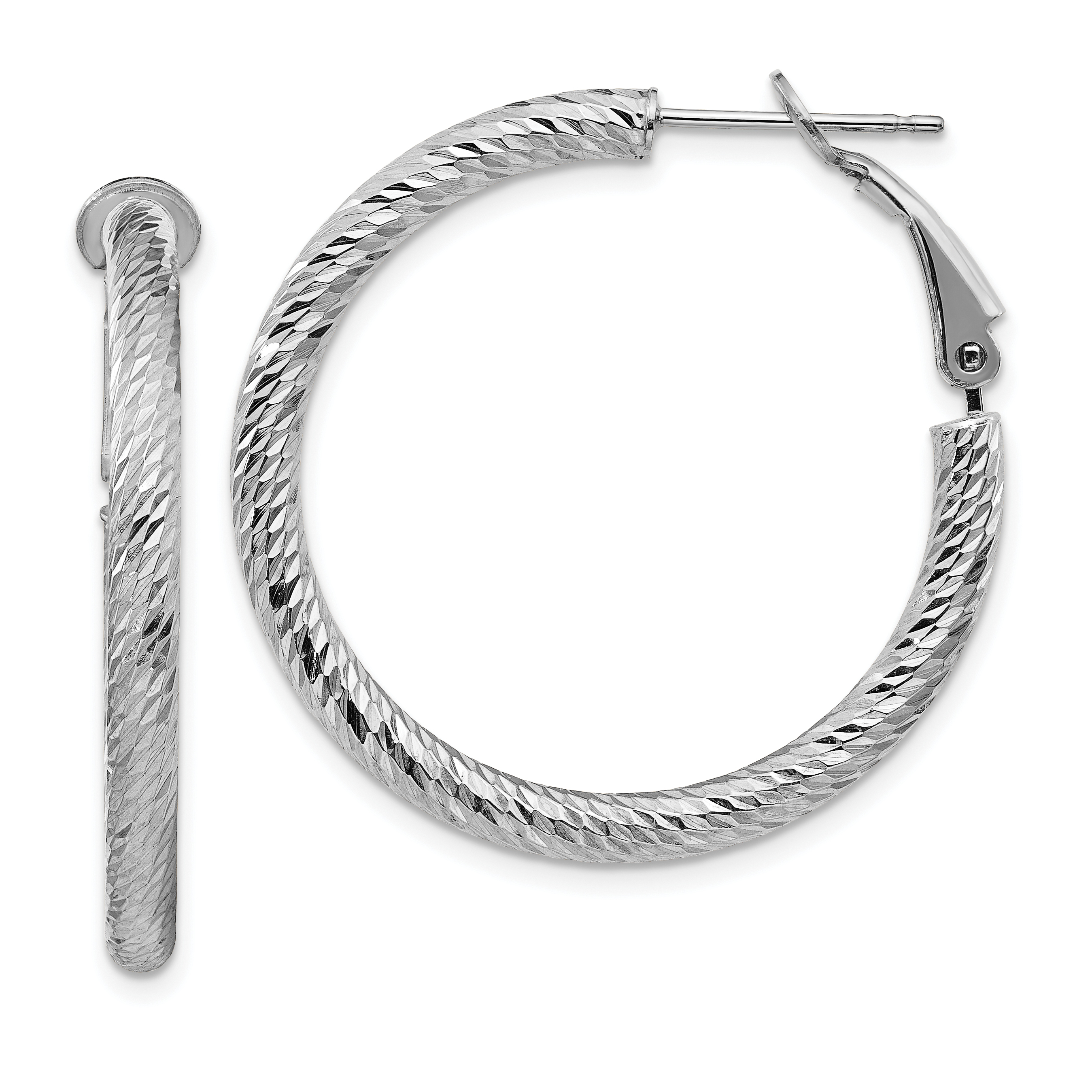 10k 3x25 White Gold Diamond-cut Round Omega Back Hoop Earrings ...