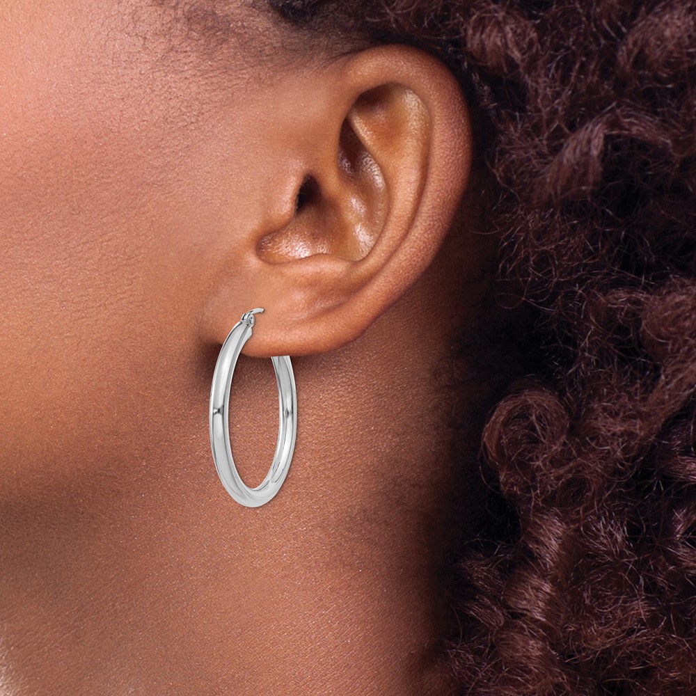 10k White Gold Polished 3mm Lightweight Tube Hoop Earrings (10T849L)