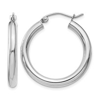 10K White Gold Polished 3mm Tube Hoop Earrings view 1
