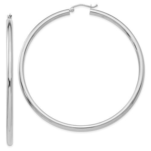 10k White Gold Polished 3mm Lightweight Tube Hoop Earrings