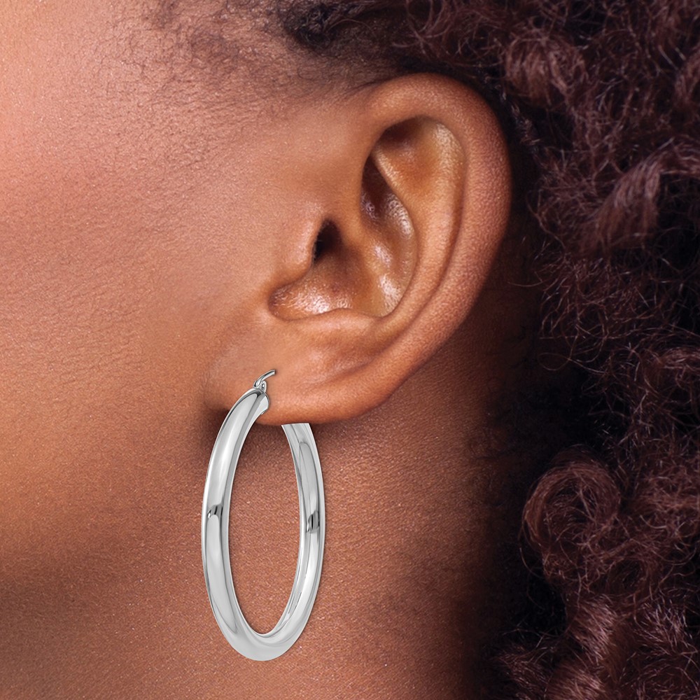 10K White Gold Polished 4mm Tube Hoop Earrings (10T858)