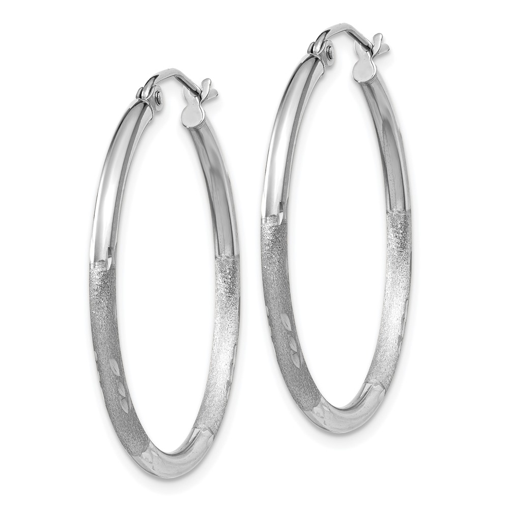 10k White Gold Satin and Diamond-cut 2mm Round Hoop Earrings (10TC196)