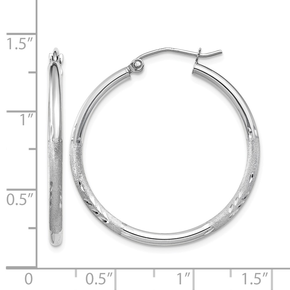 10k White Gold Satin and Diamond-cut 2mm Round Hoop Earrings (10TC196)