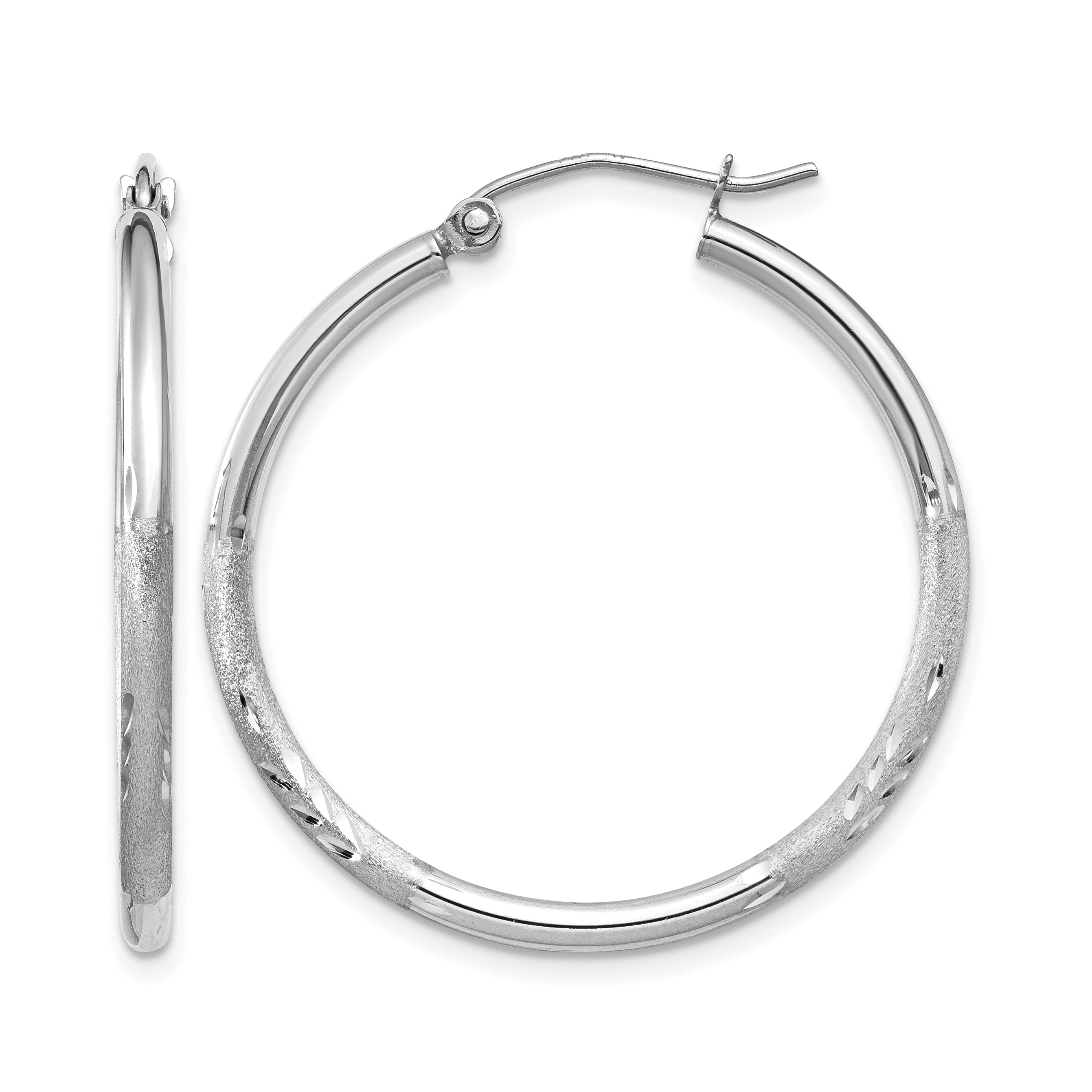10k White Gold Satin and Diamond-cut 2mm Round Hoop Earrings (10TC196)