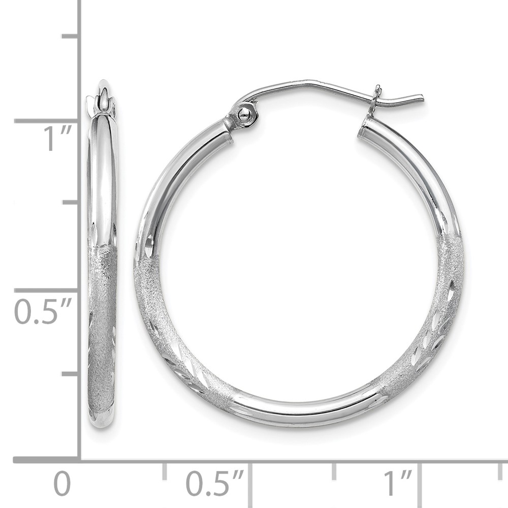 10k White Gold Satin and Diamond-cut 2mm Round Hoop Earrings (10TC197)