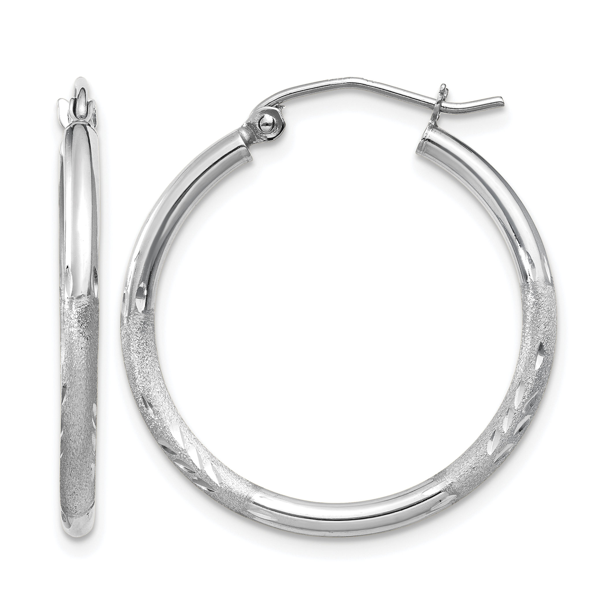 10k White Gold Satin and Diamond-cut 2mm Round Hoop Earrings (10TC197)