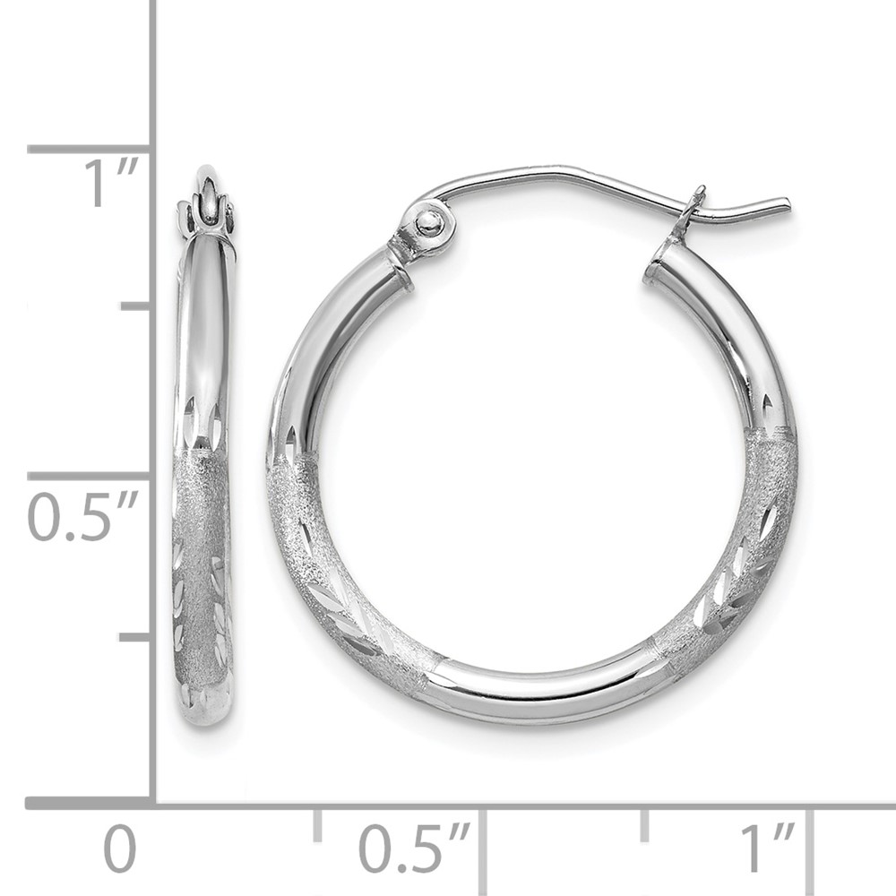 10k White Gold Satin and Diamond-cut 2mm Round Hoop Earrings (10TC198)