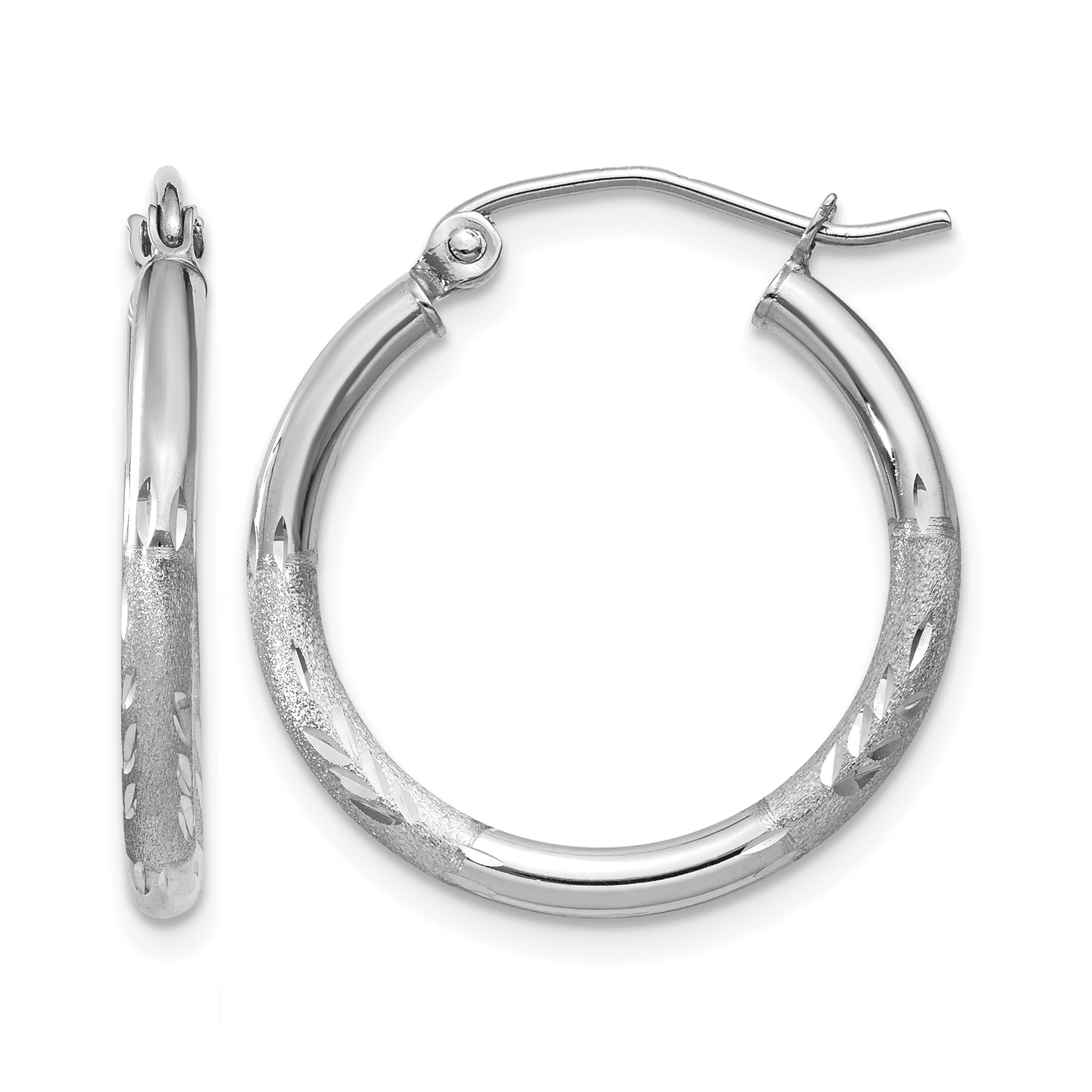 10k White Gold Satin and Diamond-cut 2mm Round Hoop Earrings (10TC198)