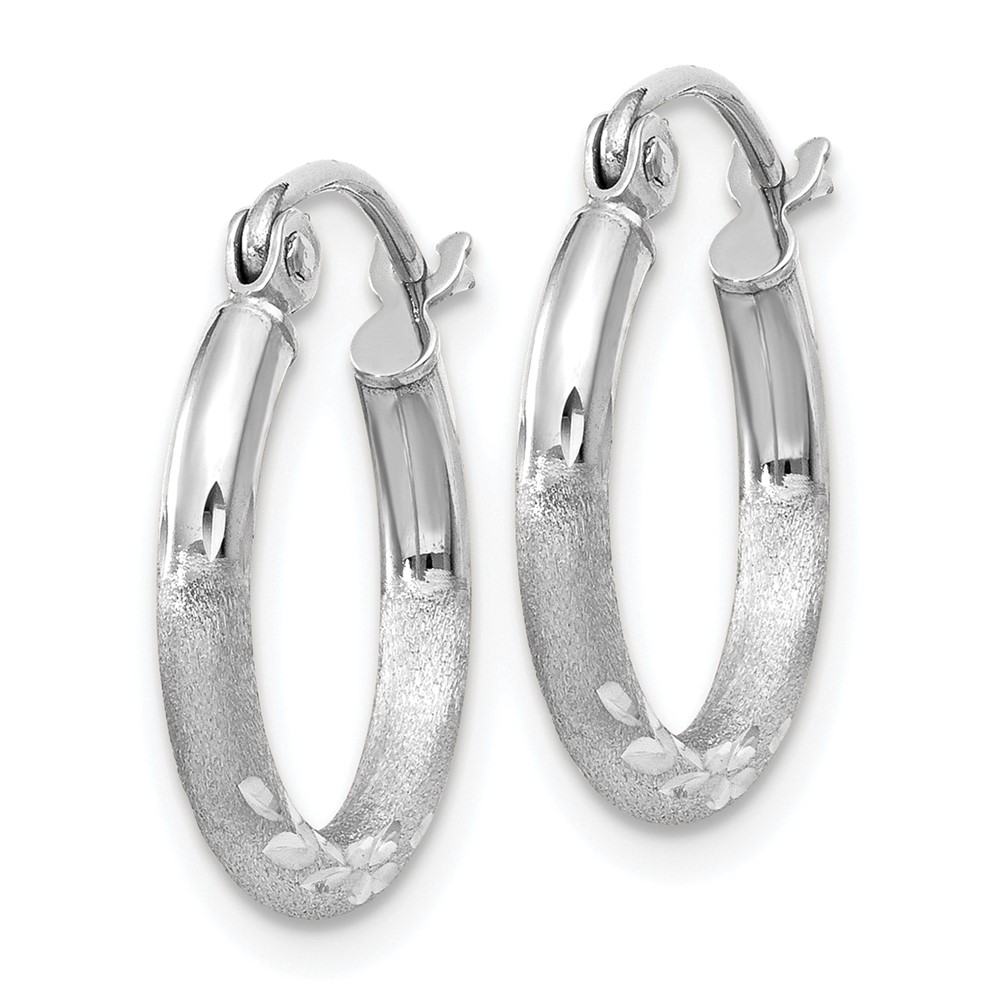 10k White Gold Satin and Diamond-cut 2mm Round Hoop Earrings (10TC199)