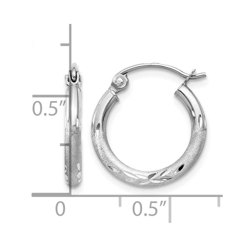 10k White Gold Satin and Diamond-cut 2mm Round Hoop Earrings (10TC199)