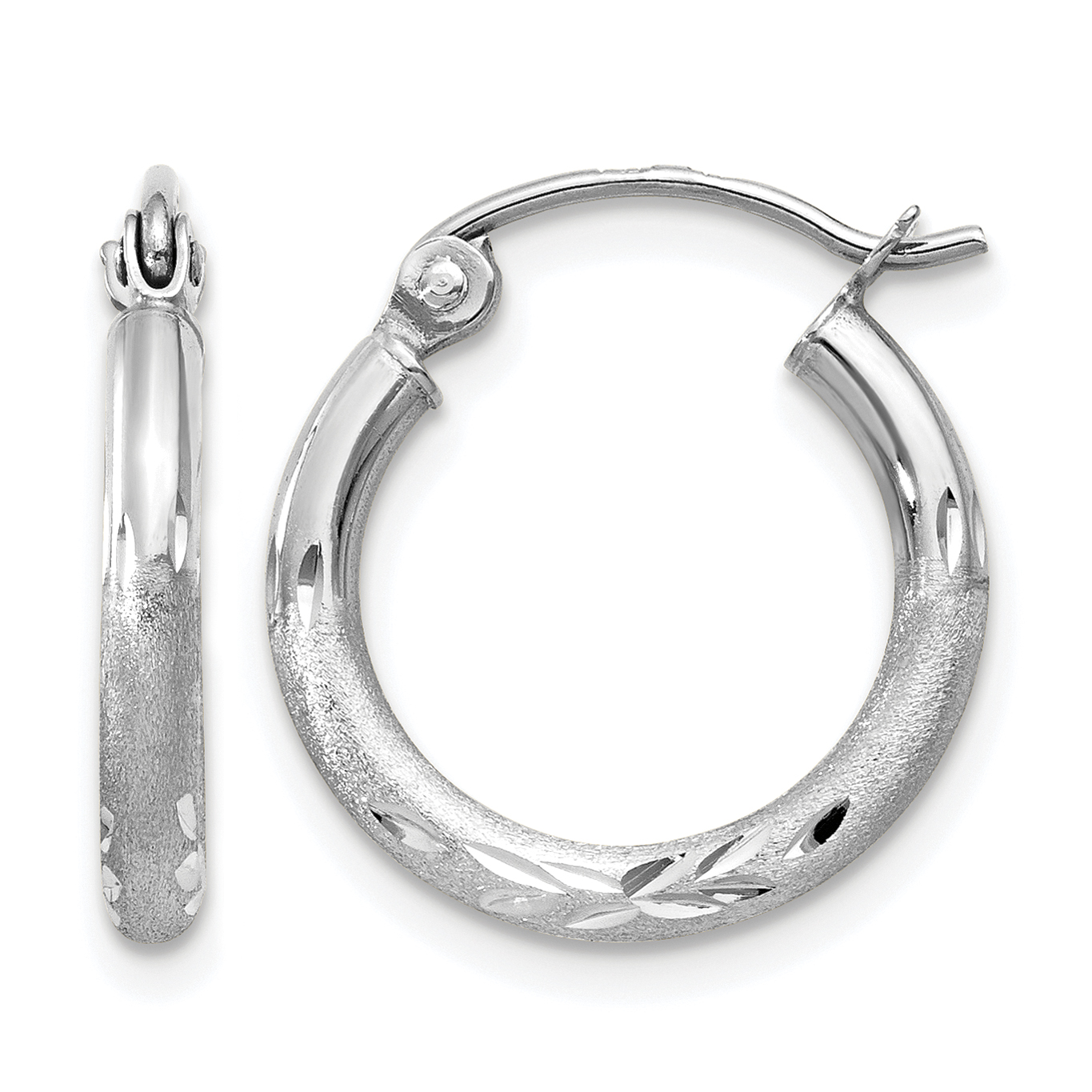 10k White Gold Satin and Diamond-cut 2mm Round Hoop Earrings (10TC199)