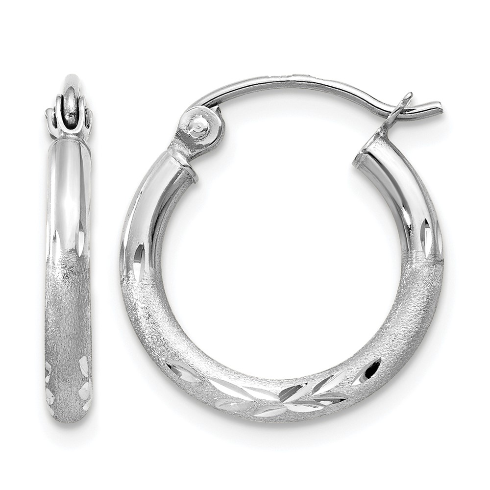 10k White Gold Satin and Diamond-cut 2mm Round Hoop Earrings (10TC199)
