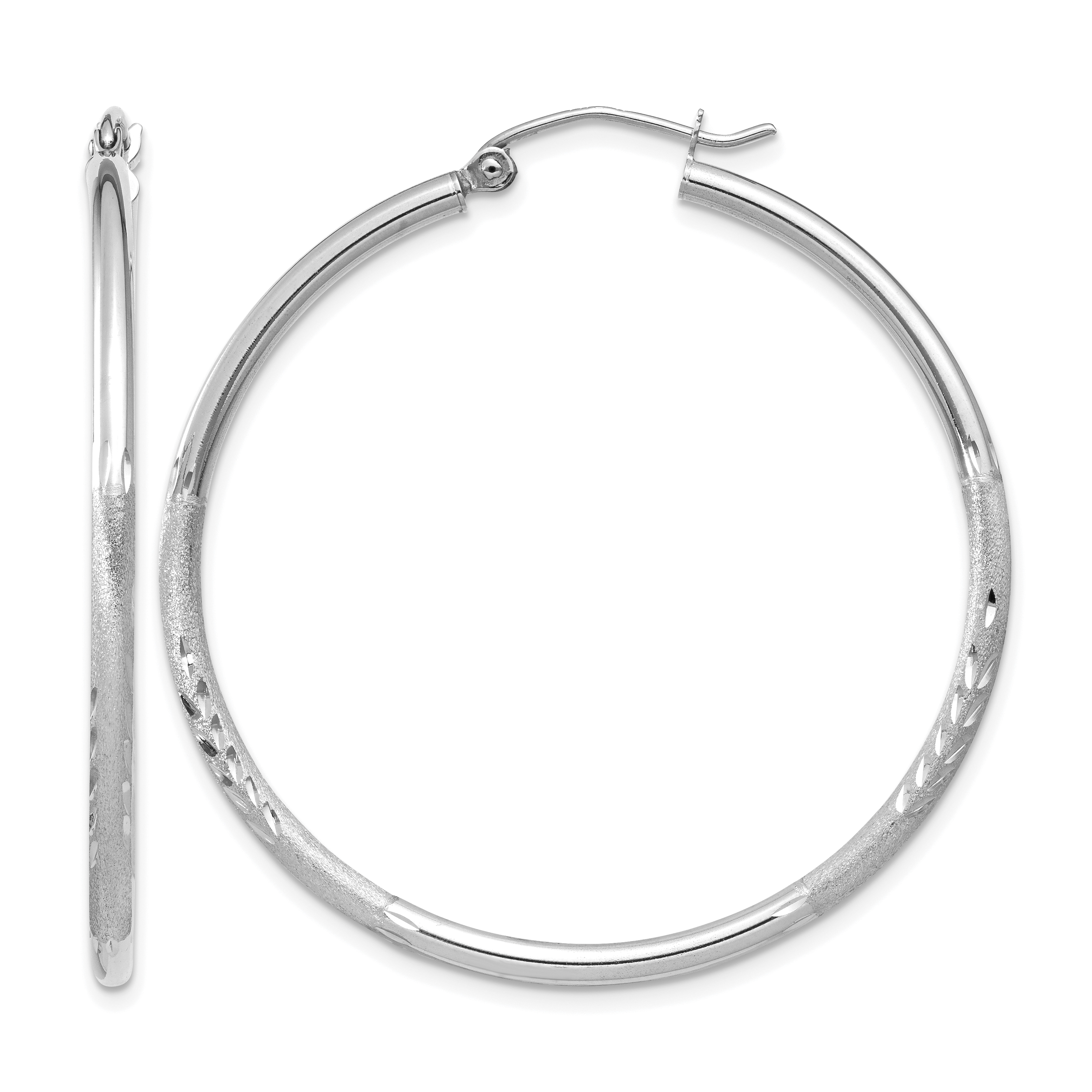 10k White Gold Satin and Diamond-cut 2mm Round Hoop Earrings (10TC201)