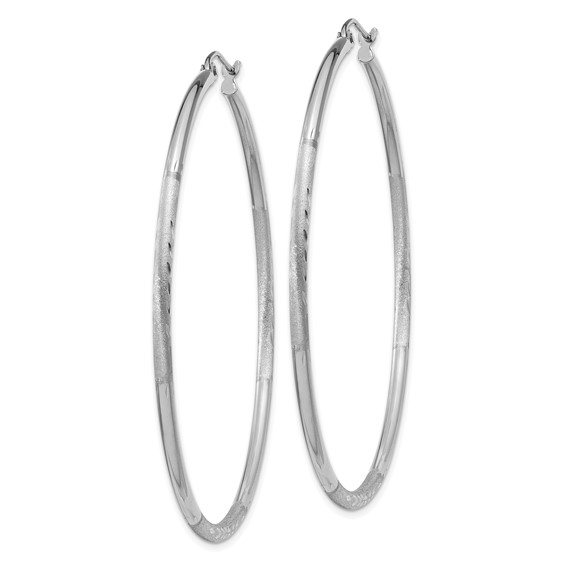 10k White Gold Satin and Diamond-cut 2mm Round Hoop Earrings