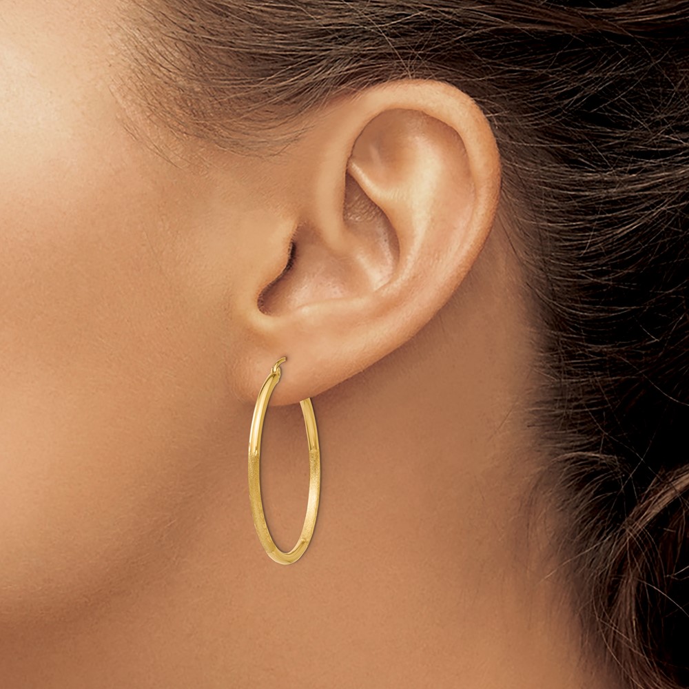 10k Satin and Diamond-cut 2mm Round Tube Hoop Earrings (10TC207)