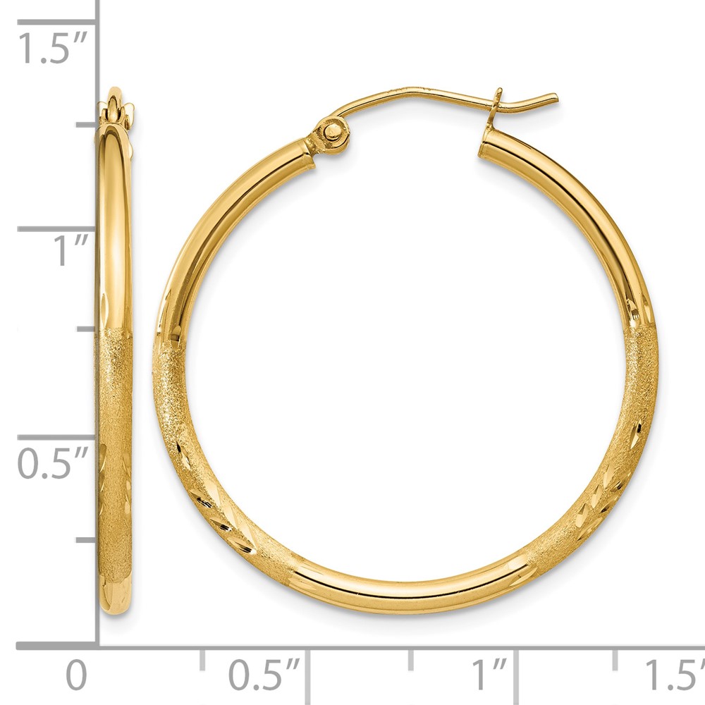 10k Satin and Diamond-cut 2mm Round Tube Hoop Earrings (10TC208)