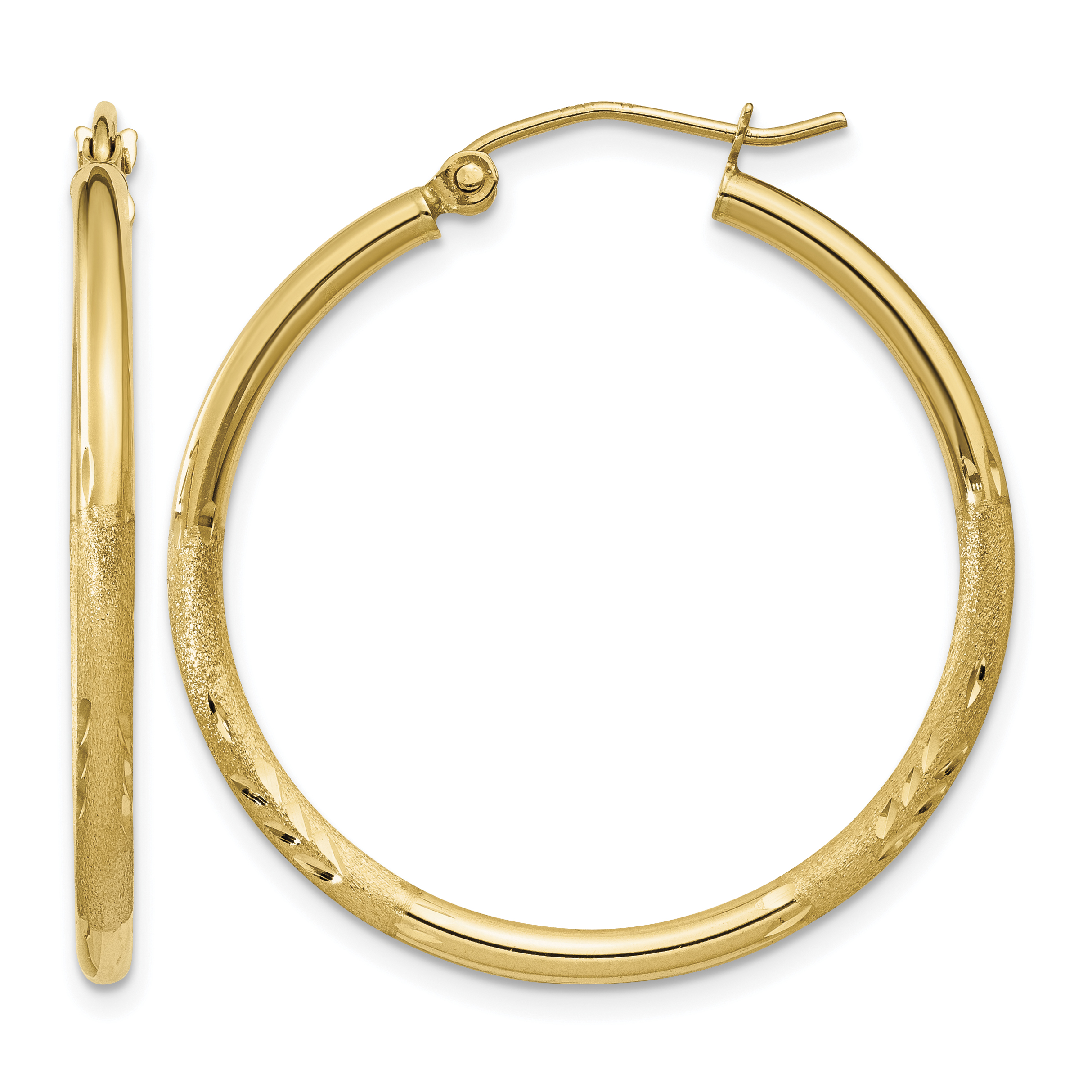 10k Satin and Diamond-cut 2mm Round Tube Hoop Earrings (10TC208)