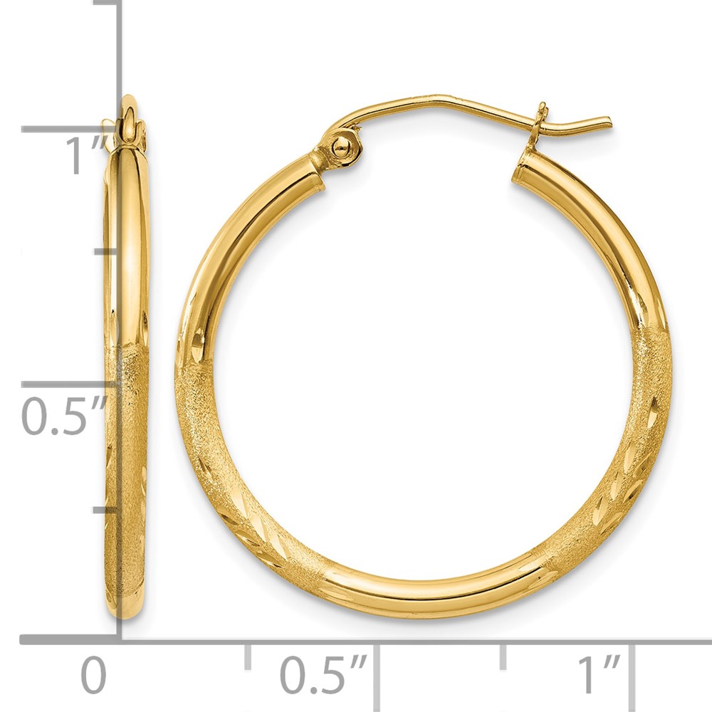 10k Satin and Diamond-cut 2mm Round Tube Hoop Earrings (10TC209)