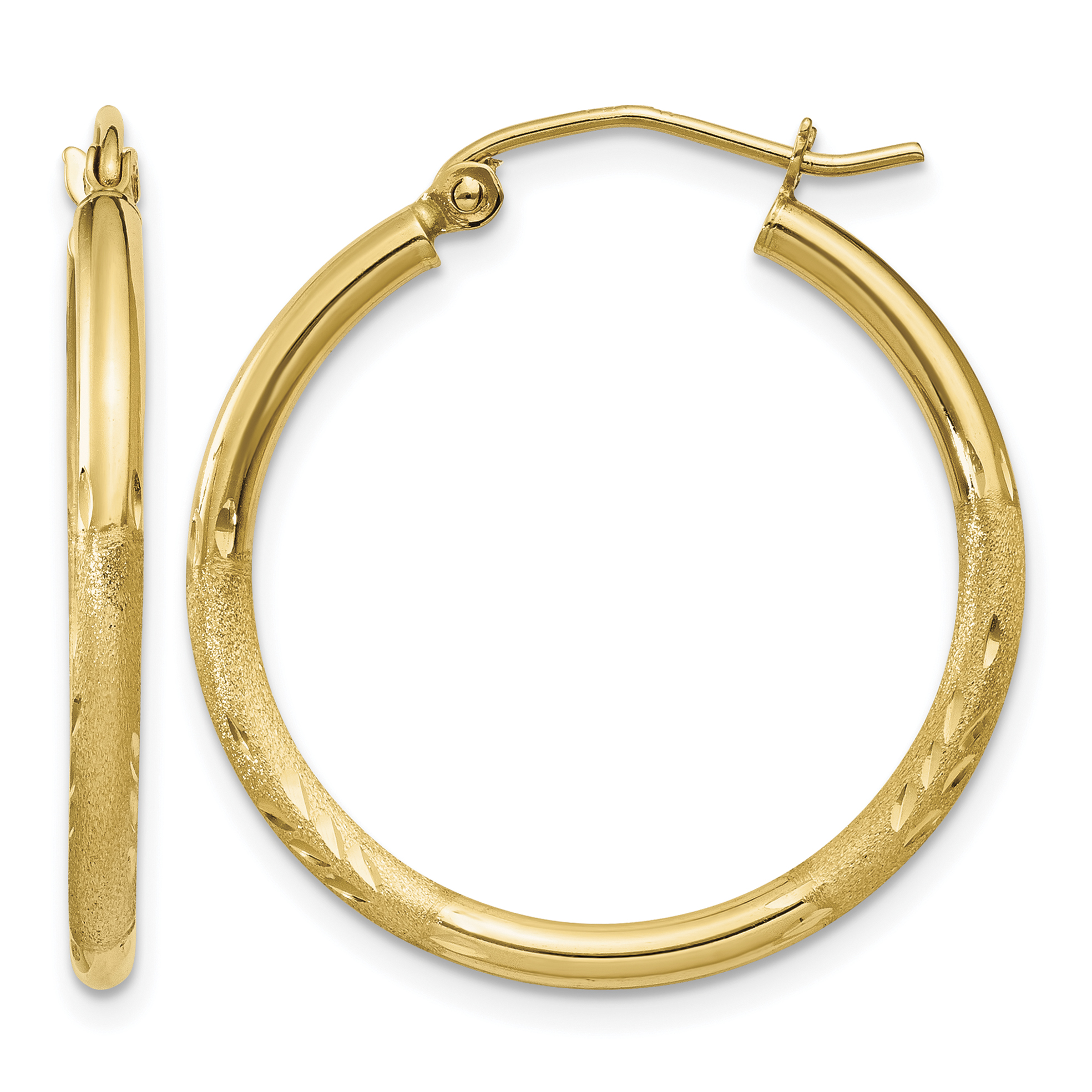 10k Satin and Diamond-cut 2mm Round Tube Hoop Earrings (10TC209)
