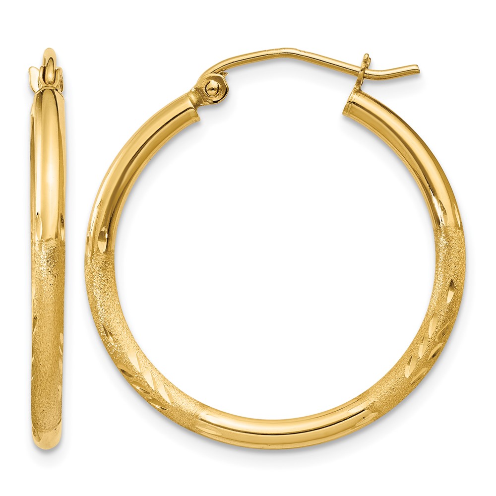 10k Satin and Diamond-cut 2mm Round Tube Hoop Earrings (10TC209)